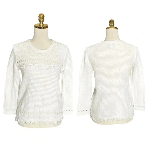 J. CREW | Boho White Cotton Fringe Crewneck Knit Sweater Long Sleeve Size Small - Picture 2 of 10